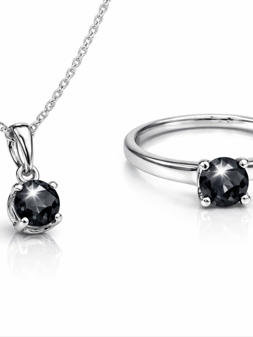 Sterling Silver Black Diamond Pendant Necklace and Ring Size 7 Set
